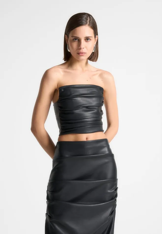 Manire De Voir Matching Sets Manire De Voir Woman Pleated Bandeau Vegan Leather Corset Top 8211 Black Manire De Voir Matching Sets Manire De Voir Woman Pleated Bandeau Vegan Leather Corset Top 8211 Black
