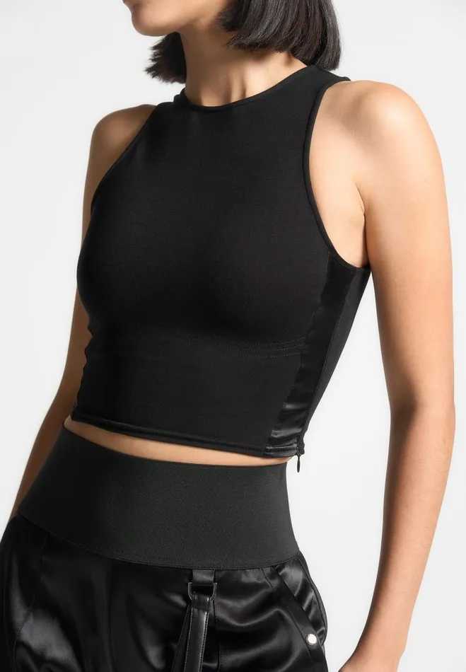 Manire De Voir Matching Sets Manire De Voir Woman Racer Crop Top With Satin Panels 8211 Black Manire De Voir Matching Sets Manire De Voir Woman Racer Crop Top With Satin Panels 8211 Black