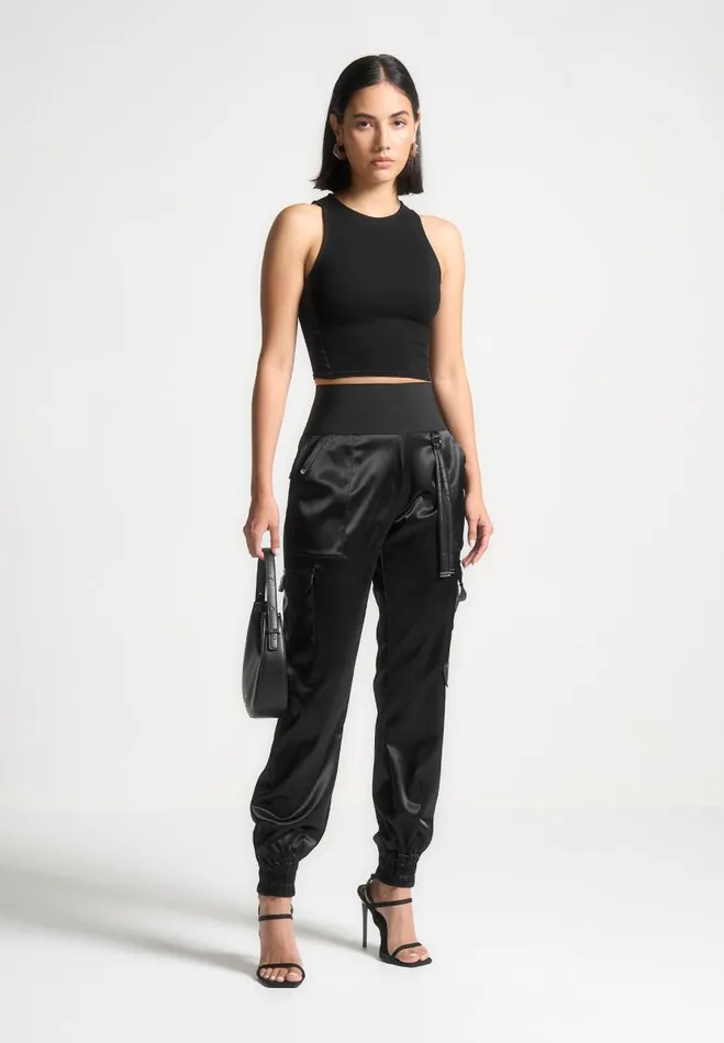 Manire De Voir Matching Sets Manire De Voir Woman Racer Crop Top With Satin Panels 8211 Black