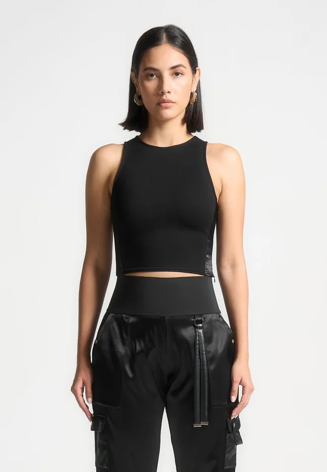 Manire De Voir Matching Sets Manire De Voir Woman Racer Crop Top With Satin Panels 8211 Black