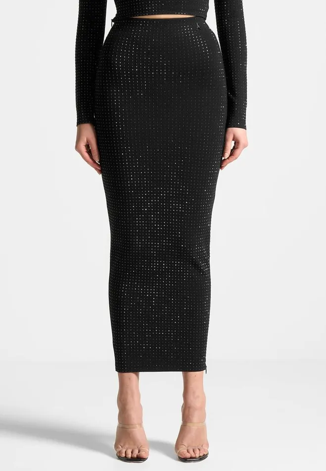 Manire De Voir Matching Sets Manire De Voir Woman Rhinestone Bandage Midaxi Skirt 8211 Black