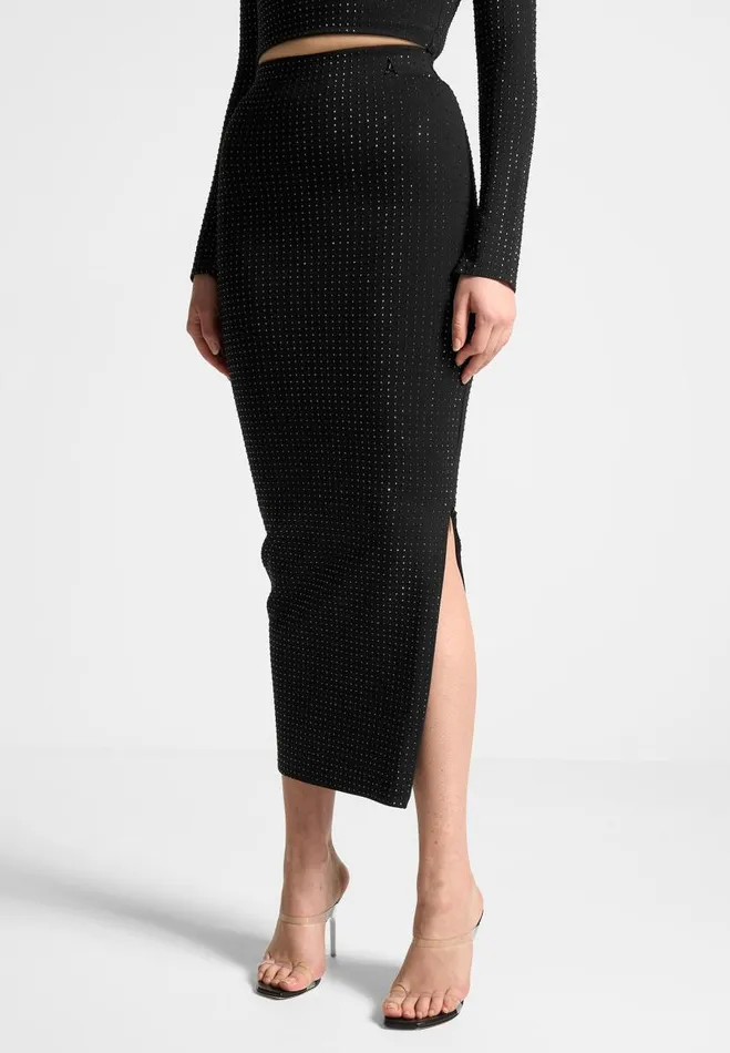 Manire De Voir Matching Sets Manire De Voir Woman Rhinestone Bandage Midaxi Skirt 8211 Black
