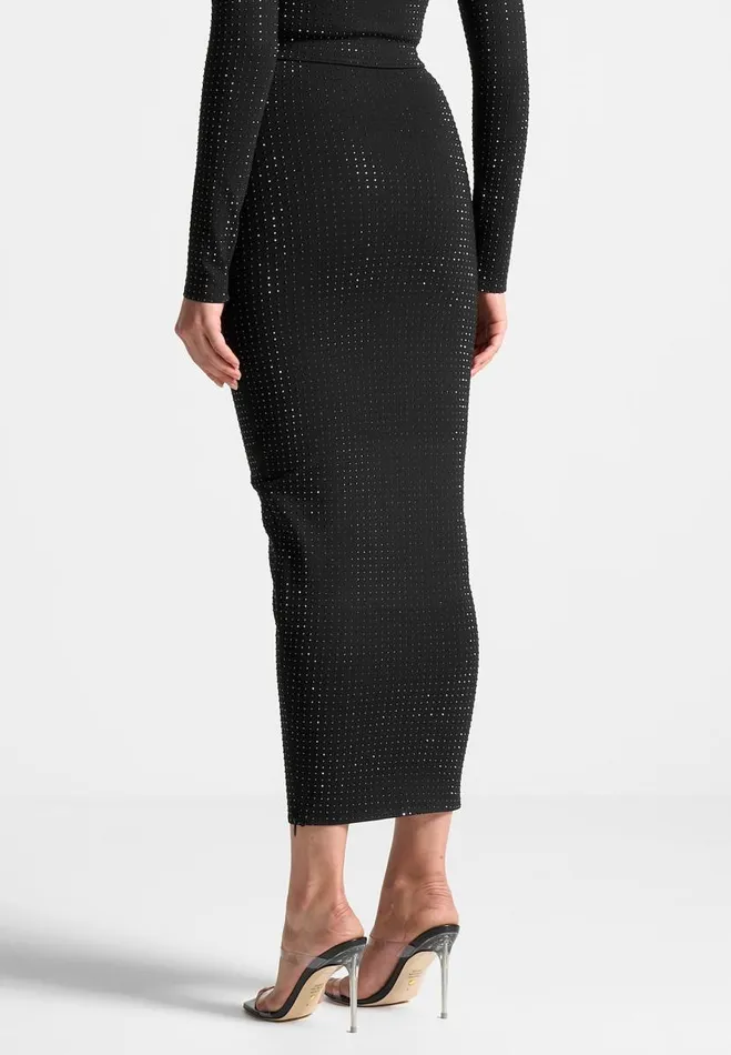 Manire De Voir Matching Sets Manire De Voir Woman Rhinestone Bandage Midaxi Skirt 8211 Black