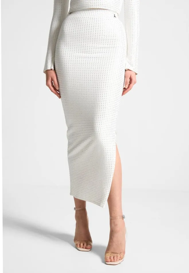 Manire De Voir Matching Sets Manire De Voir Woman Rhinestone Bandage Midaxi Skirt 8211 White Manire De Voir Matching Sets Manire De Voir Woman Rhinestone Bandage Midaxi Skirt 8211 White