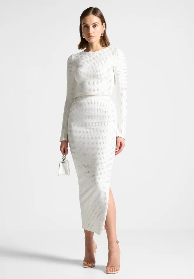 Manire De Voir Matching Sets Manire De Voir Woman Rhinestone Bandage Midaxi Skirt 8211 White