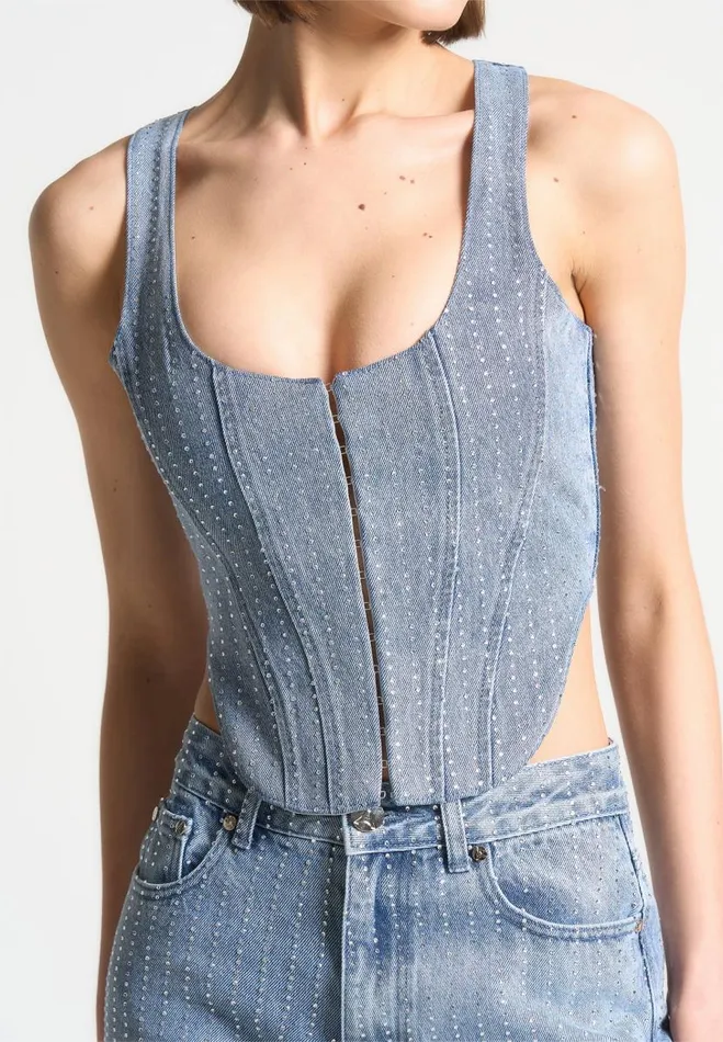 Manire De Voir Matching Sets Manire De Voir Woman Rhinestone Denim Corset 8211 Mid Blue Manire De Voir Matching Sets Manire De Voir Woman Rhinestone Denim Corset 8211 Mid Blue