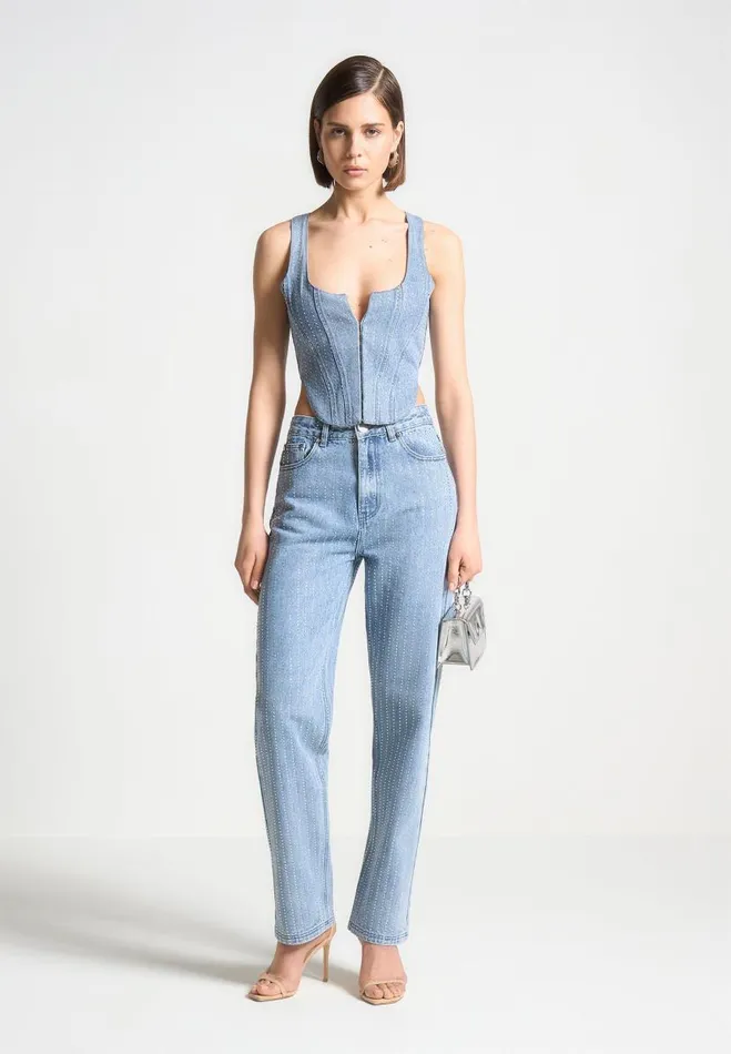 Manire De Voir Matching Sets Manire De Voir Woman Rhinestone Denim Corset 8211 Mid Blue