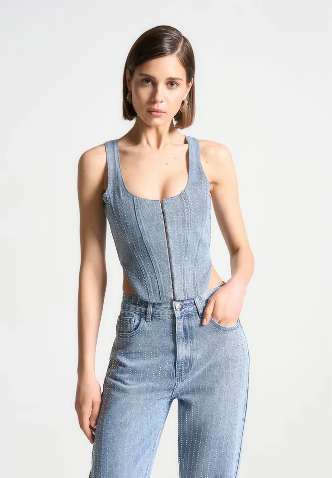 Manire De Voir Matching Sets Manire De Voir Woman Rhinestone Denim Corset 8211 Mid Blue