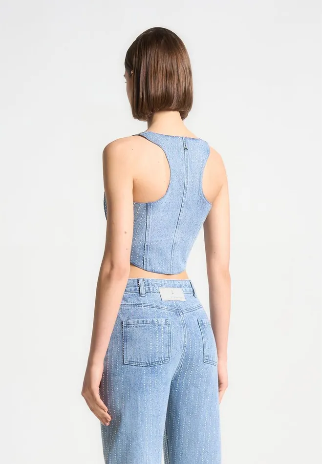 Manire De Voir Matching Sets Manire De Voir Woman Rhinestone Denim Corset 8211 Mid Blue