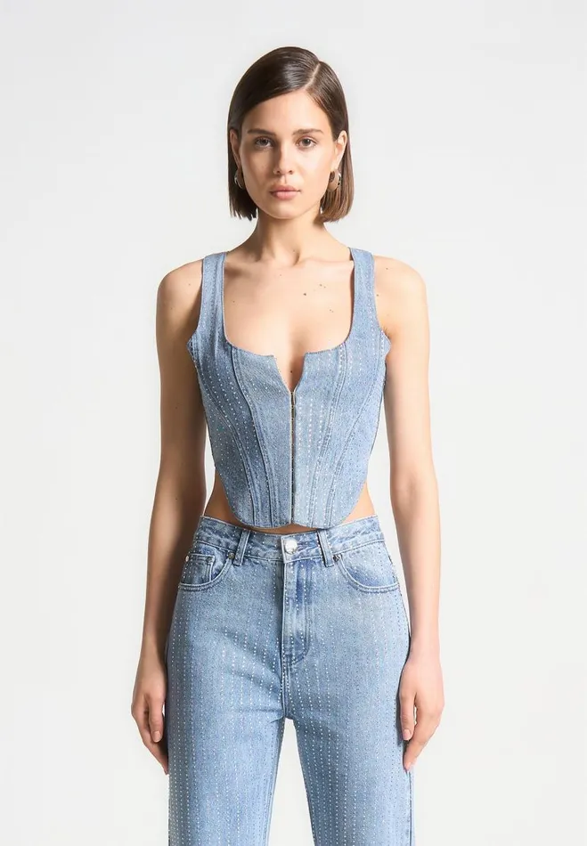 Manire De Voir Matching Sets Manire De Voir Woman Rhinestone Denim Corset 8211 Mid Blue
