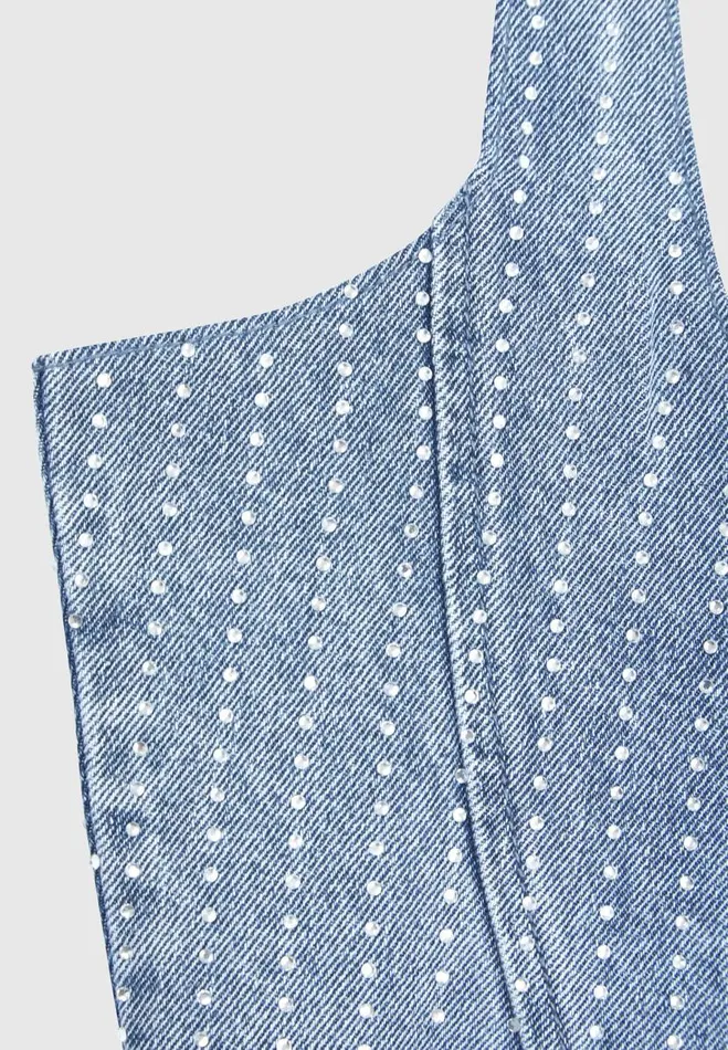 Manire De Voir Matching Sets Manire De Voir Woman Rhinestone Denim Corset 8211 Mid Blue