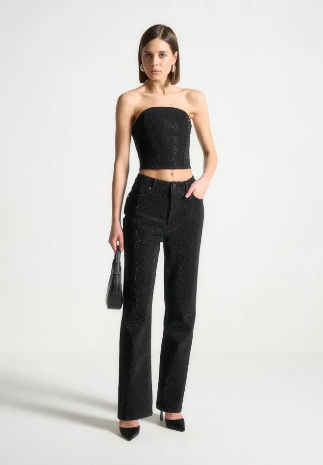 Manire De Voir Matching Sets Manire De Voir Woman Rhinestone Eiffel Boyfriend Jeans 8211 Black