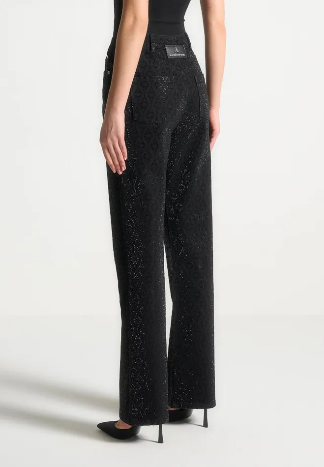 Manire De Voir Matching Sets Manire De Voir Woman Rhinestone Eiffel Boyfriend Jeans 8211 Black