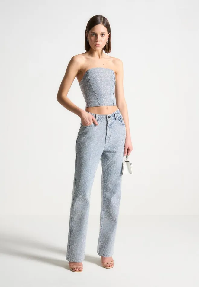 Manire De Voir Matching Sets Manire De Voir Woman Rhinestone Eiffel Boyfriend Jeans 8211 Mid Blue