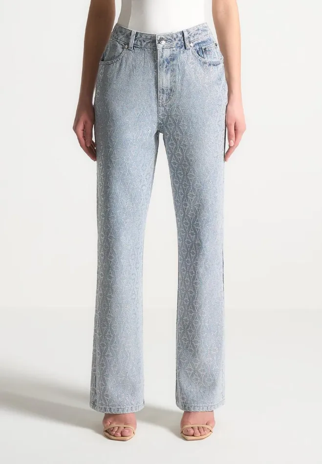 Manire De Voir Matching Sets Manire De Voir Woman Rhinestone Eiffel Boyfriend Jeans 8211 Mid Blue