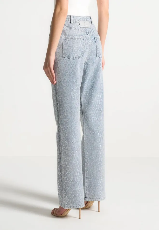 Manire De Voir Matching Sets Manire De Voir Woman Rhinestone Eiffel Boyfriend Jeans 8211 Mid Blue