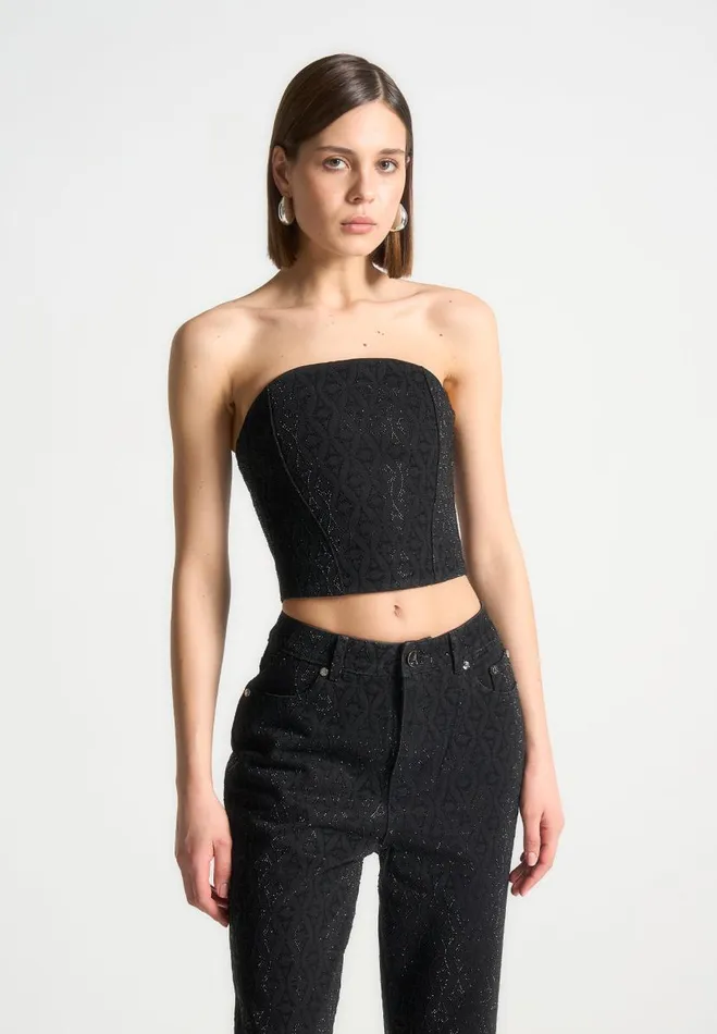 Manire De Voir Matching Sets Manire De Voir Woman Rhinestone Eiffel Denim Bandeau Corset Top 8211 Black Manire De Voir Matching Sets Manire De Voir Woman Rhinestone Eiffel Denim Bandeau Corset Top 8211 Black