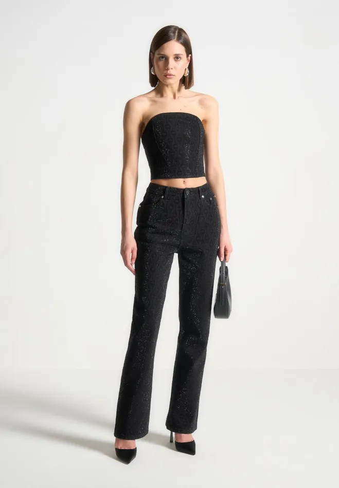 Manire De Voir Matching Sets Manire De Voir Woman Rhinestone Eiffel Denim Bandeau Corset Top 8211 Black