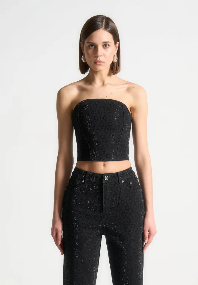 Manire De Voir Matching Sets Manire De Voir Woman Rhinestone Eiffel Denim Bandeau Corset Top 8211 Black