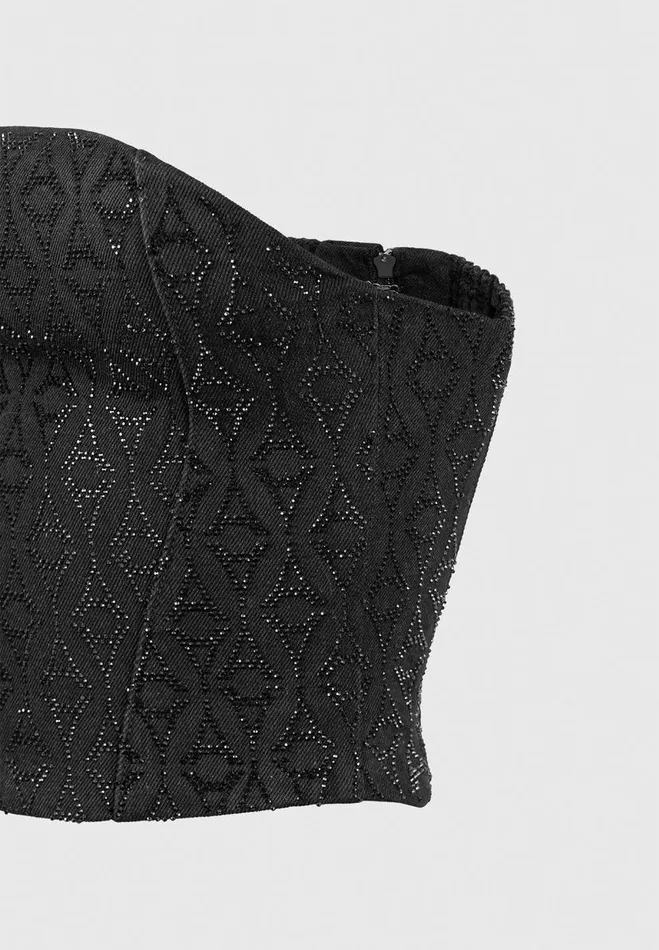 Manire De Voir Matching Sets Manire De Voir Woman Rhinestone Eiffel Denim Bandeau Corset Top 8211 Black