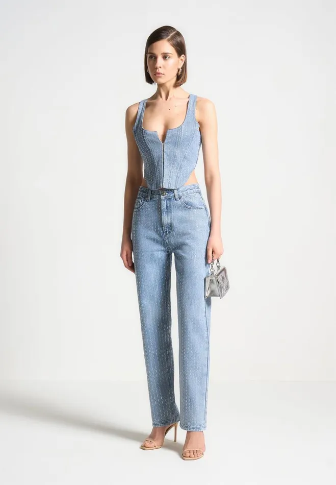 Manire De Voir Matching Sets Manire De Voir Woman Rhinestone Mom Jeans 8211 Mid Blue Manire De Voir Matching Sets Manire De Voir Woman Rhinestone Mom Jeans 8211 Mid Blue