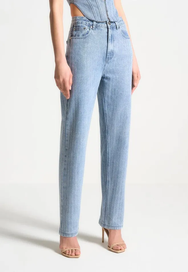 Manire De Voir Matching Sets Manire De Voir Woman Rhinestone Mom Jeans 8211 Mid Blue