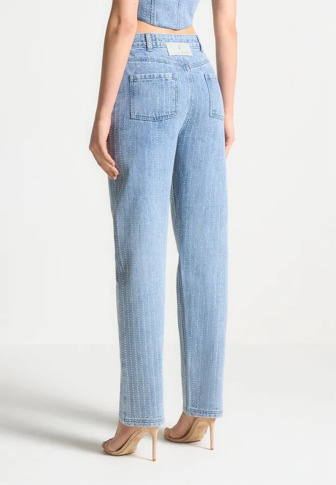 Manire De Voir Matching Sets Manire De Voir Woman Rhinestone Mom Jeans 8211 Mid Blue