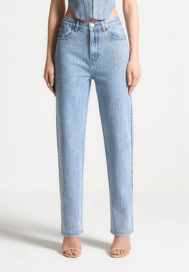 Manire De Voir Matching Sets Manire De Voir Woman Rhinestone Mom Jeans 8211 Mid Blue