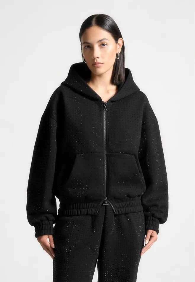 Manire De Voir Matching Sets Manire De Voir Woman Rhinestone Zip Through Hoodie 8211 Black Manire De Voir Matching Sets Manire De Voir Woman Rhinestone Zip Through Hoodie 8211 Black