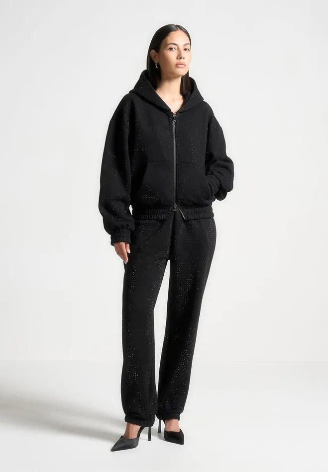 Manire De Voir Matching Sets Manire De Voir Woman Rhinestone Zip Through Hoodie 8211 Black