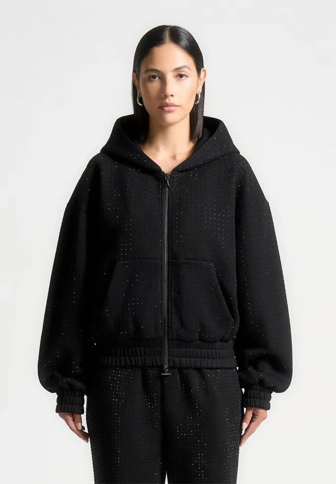 Manire De Voir Matching Sets Manire De Voir Woman Rhinestone Zip Through Hoodie 8211 Black
