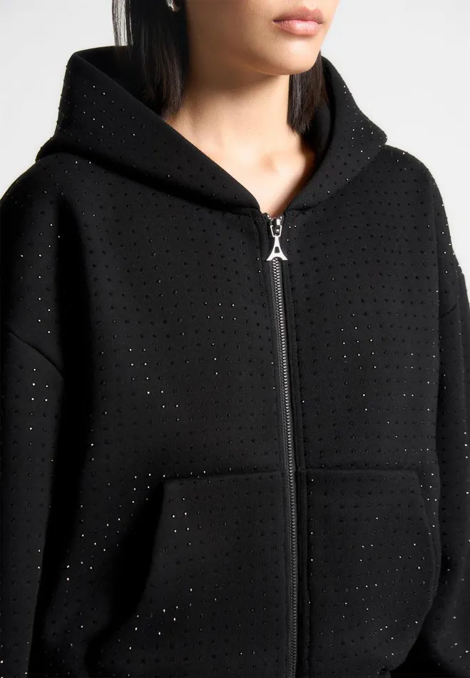 Manire De Voir Matching Sets Manire De Voir Woman Rhinestone Zip Through Hoodie 8211 Black