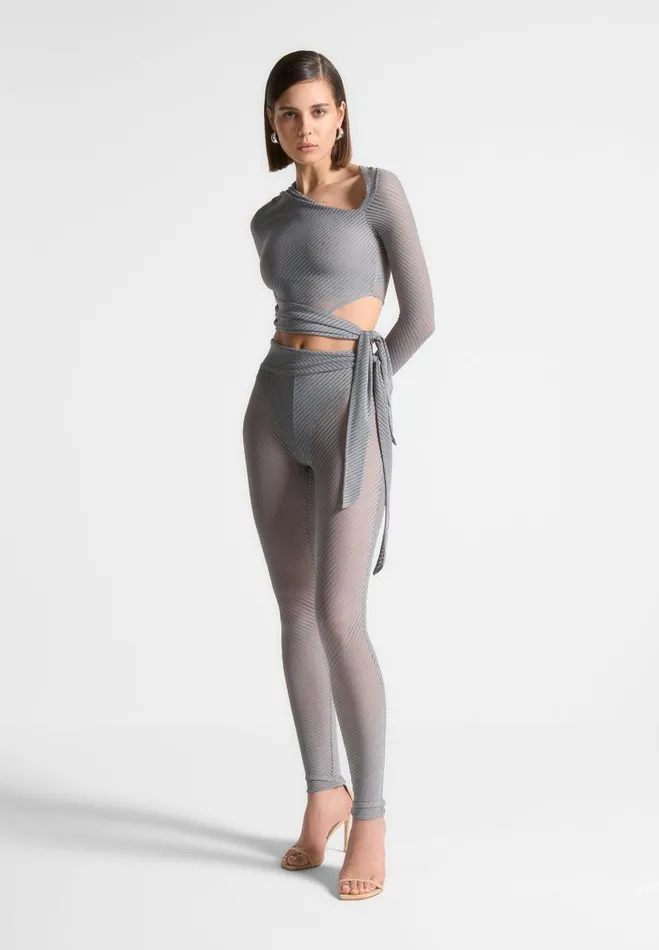 Manire De Voir Matching Sets Manire De Voir Woman Ribbed Sheer Leggings With Tie 8211 Grey