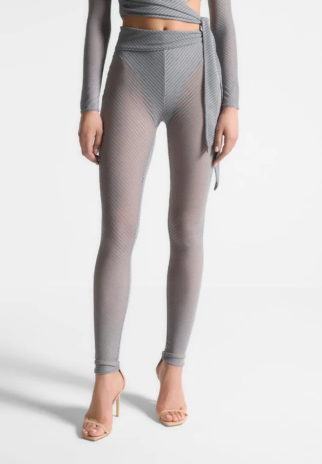 Manire De Voir Matching Sets Manire De Voir Woman Ribbed Sheer Leggings With Tie 8211 Grey