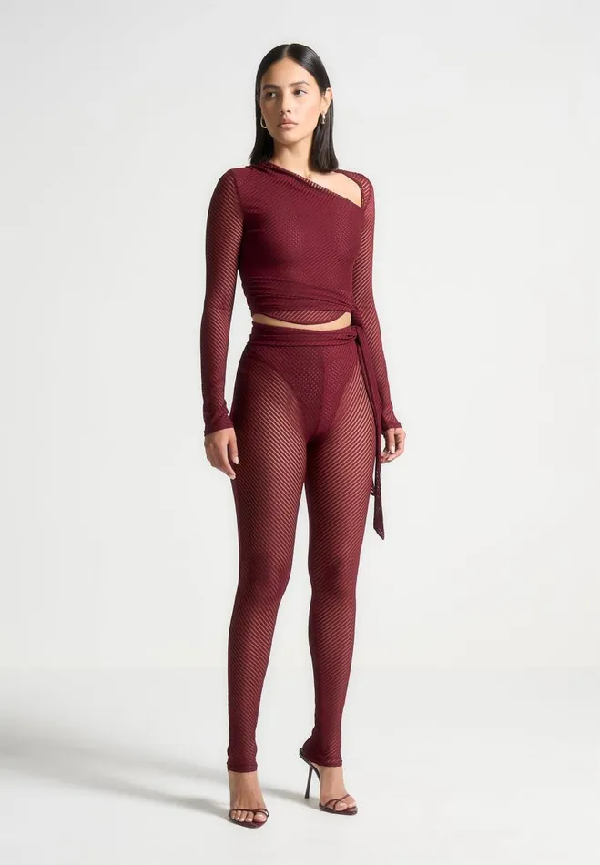Manire De Voir Matching Sets Manire De Voir Woman Ribbed Sheer Leggings With Tie 8211 Wine Red Manire De Voir Matching Sets Manire De Voir Woman Ribbed Sheer Leggings With Tie 8211 Wine Red