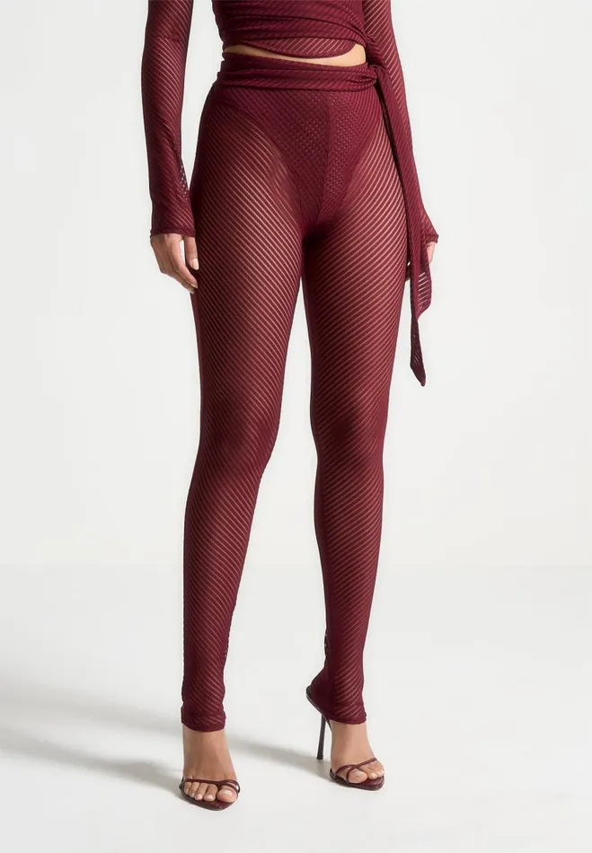 Manire De Voir Matching Sets Manire De Voir Woman Ribbed Sheer Leggings With Tie 8211 Wine Red