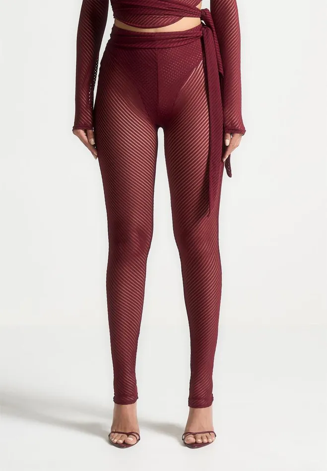Manire De Voir Matching Sets Manire De Voir Woman Ribbed Sheer Leggings With Tie 8211 Wine Red