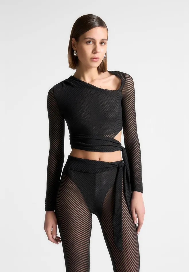 Manire De Voir Matching Sets Manire De Voir Woman Ribbed Sheer Top With Tie 8211 Black