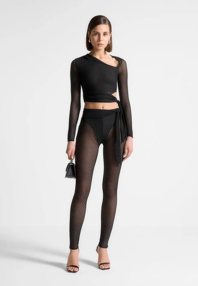 Manire De Voir Matching Sets Manire De Voir Woman Ribbed Sheer Top With Tie 8211 Black