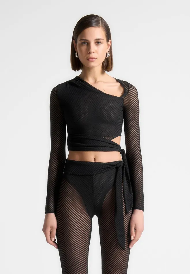 Manire De Voir Matching Sets Manire De Voir Woman Ribbed Sheer Top With Tie 8211 Black