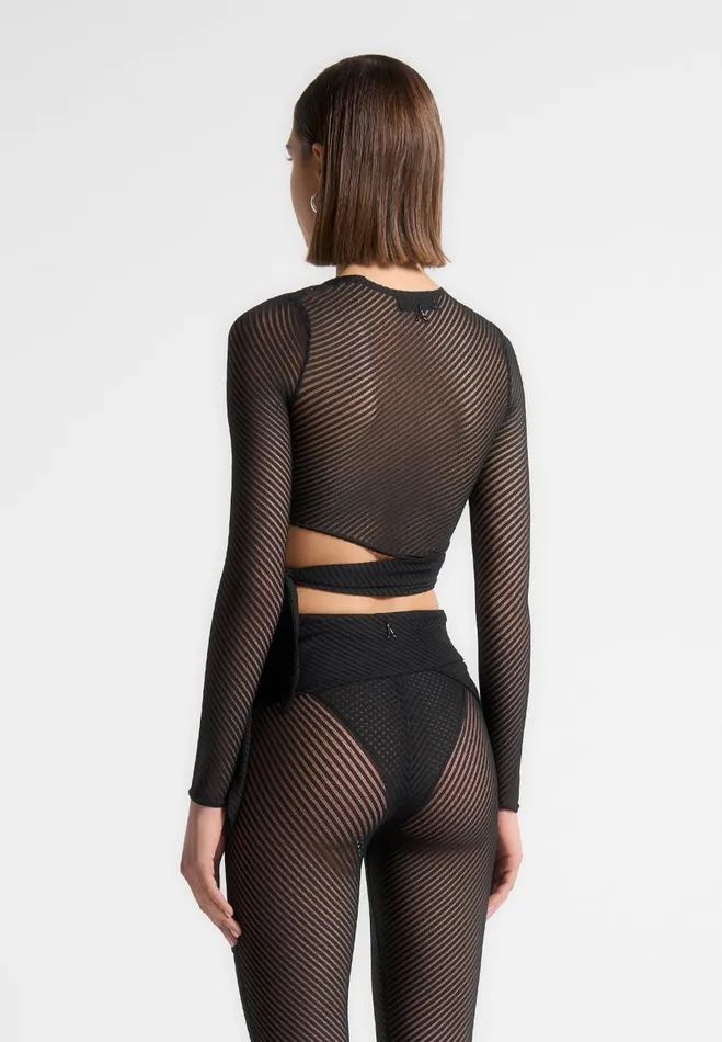 Manire De Voir Matching Sets Manire De Voir Woman Ribbed Sheer Top With Tie 8211 Black