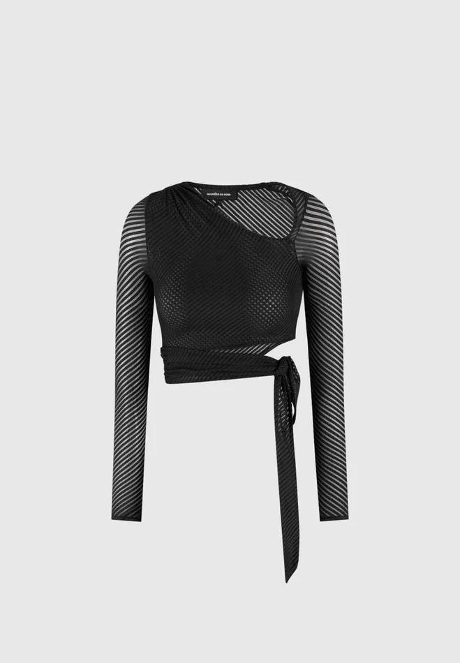 Manire De Voir Matching Sets Manire De Voir Woman Ribbed Sheer Top With Tie 8211 Black
