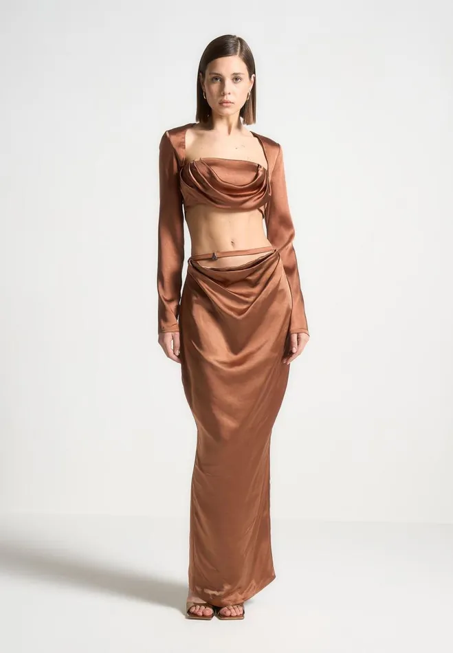 Manire De Voir Matching Sets Manire De Voir Woman Satin Drape Bandeau Bolero Top 8211 Bronze Manire De Voir Matching Sets Manire De Voir Woman Satin Drape Bandeau Bolero Top 8211 Bronze