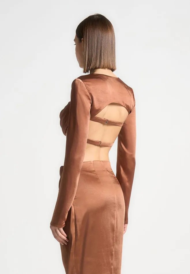 Manire De Voir Matching Sets Manire De Voir Woman Satin Drape Bandeau Bolero Top 8211 Bronze