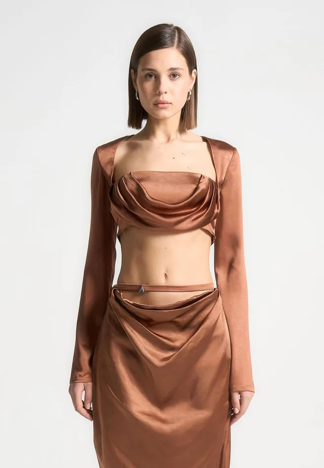 Manire De Voir Matching Sets Manire De Voir Woman Satin Drape Bandeau Bolero Top 8211 Bronze