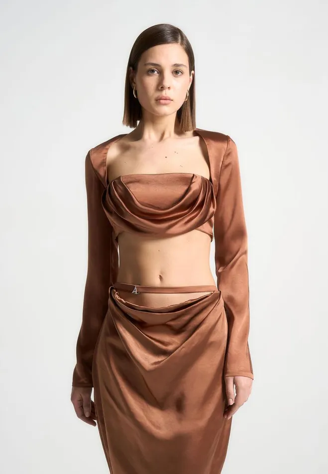 Manire De Voir Matching Sets Manire De Voir Woman Satin Drape Bandeau Bolero Top 8211 Bronze