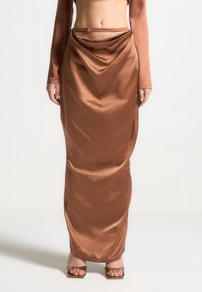 Manire De Voir Matching Sets Manire De Voir Woman Satin Drape Belted Maxi Skirt 8211 Bronze Manire De Voir Matching Sets Manire De Voir Woman Satin Drape Belted Maxi Skirt 8211 Bronze