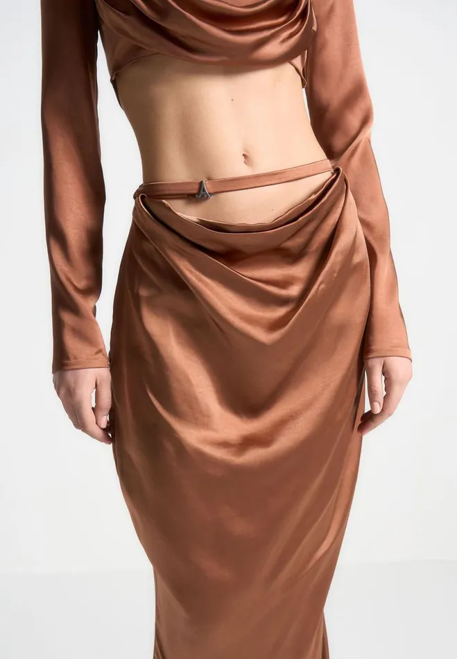 Manire De Voir Matching Sets Manire De Voir Woman Satin Drape Belted Maxi Skirt 8211 Bronze