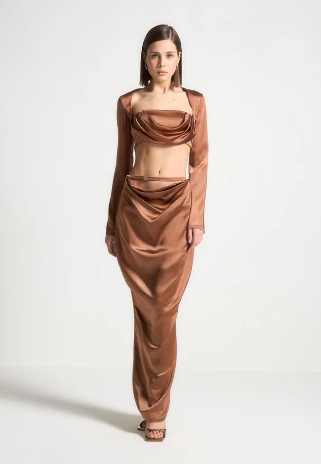 Manire De Voir Matching Sets Manire De Voir Woman Satin Drape Belted Maxi Skirt 8211 Bronze