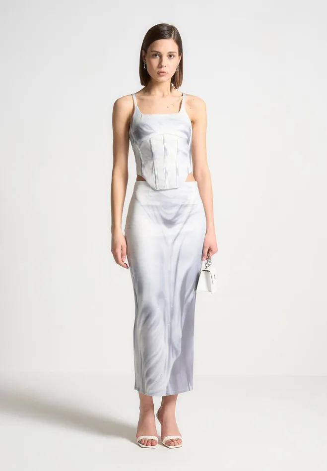 Manire De Voir Matching Sets Manire De Voir Woman Satin Renaissance Body Print Corset Top 8211 Off White